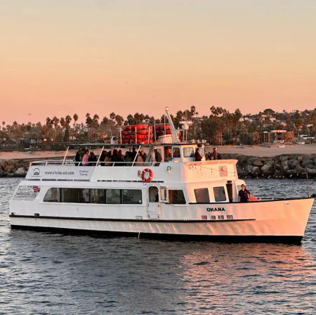 Sunset sightseeing boat with passengers gliding past a palm‑lined shoreline and rocky breakwater, warm orange sky reflecting on calm harbor water.