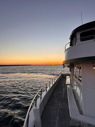 Sunset cruise view from a white boat deck and curved rail overlooking calm ocean waters with a glowing orange horizon and clear twilight sky.