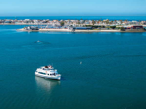 White tour boat gliding across a turquoise harbor toward a palm‑lined shoreline with beaches and marina under a bright blue sky