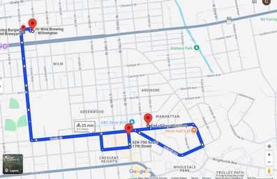 Blue cycling route map in Wilmington, NC — 4.5 miles (~25 min), looping through Greenwood, Crescent Heights and Manhattan neighborhoods with marked stops near S 17th St, Castle St and Market St.
