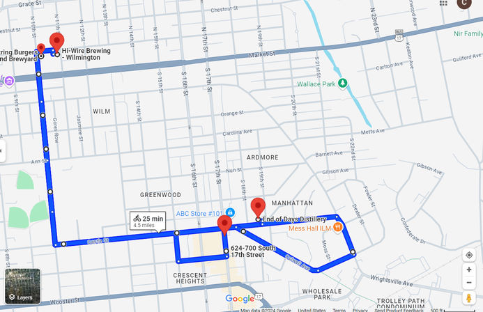 Blue cycling route map in Wilmington, NC — 4.5 miles (~25 min), looping through Greenwood, Crescent Heights and Manhattan neighborhoods with marked stops near S 17th St, Castle St and Market St.