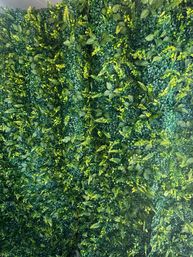 Lush indoor green wall — dense vertical garden of mixed fern and small-leaf foliage creating a vibrant artificial greenery backdrop for interior decor