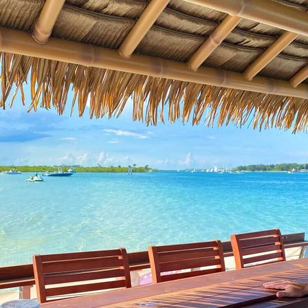 Sun-soaked tiki bar view: thatched roof and wooden stools overlooking a clear turquoise lagoon with boats and a green shoreline under a bright blue sky.