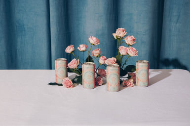 Chic still life of pink roses arranged with pastel pink-and-mint drink cans on a white table against a teal curtain backdrop