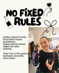 Art gallery wine-tasting scene with bold "No Fixed Rules" poster; a smiling woman holds a purple-wrapped wine bottle and a stemless glass while guests mingle, with accompanying text about supernatural wines rejecting rules.