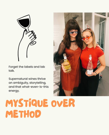 Two women in red outfits wearing novelty pixel sunglasses and devil horns pose indoors at a wine-tasting style party, each holding a bottle of sparkling wine; a graphic panel beside them shows a wine-glass illustration and text promoting “Mystique Over Method.”