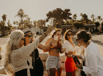 Group of friends toasting with wine glasses on a boat near a palm-lined beach at golden hour.