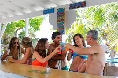 Cheerful group in swimsuits toasting colorful drinks at a sunny tropical beachfront bar with palm trees — beach vacation vibe.
