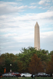 Washington Monument obelisk rising above leafy trees and parked cars under a cloudy blue sky in Washington, D.C.