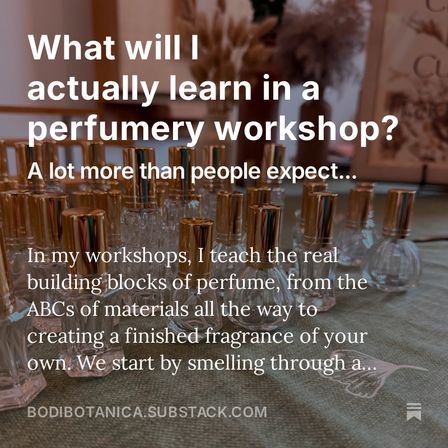 Rows of clear glass perfume sample bottles with gold caps on a table, overlaid headline about learning in a perfumery workshop — hands-on fragrance class setup.
