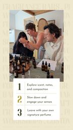 Hands-on fragrance workshop: three people sample scents as an instructor holds a dropper over amber bottles, pipettes and scent sheets on a table; beige graphic lists steps to explore notes and craft a signature perfume.