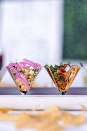 Close-up of two Mexican street-style tacos in a metal holder — left topped with pickled red onions, diced potatoes and queso fresco; right with shredded pork, chopped onion and cilantro, tortilla chips blurred in foreground.