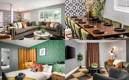 Bright four-panel collage of modern staged home interiors: a cozy gray sectional living room with colorful throw pillows, a dining area with a long wooden table and olive-green chairs against patterned wallpaper, a bedroom with a green botanical accent wall and orange pillows, and a snug media lounge with round coffee table and wall-mounted TV.
