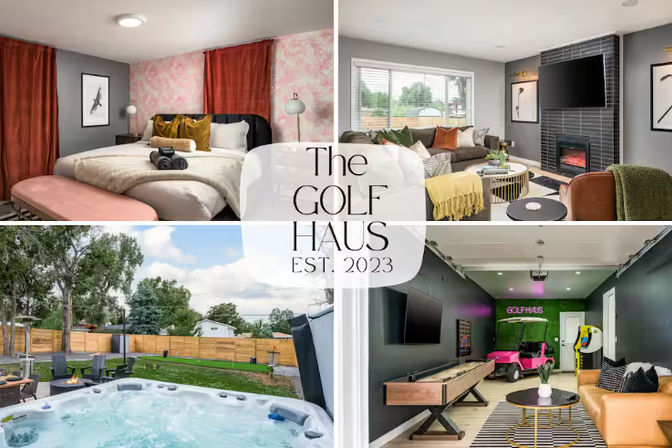 Collage of a modern vacation rental: stylish bedroom with pink wallpaper and velvet bench, bright living room with fireplace and cozy seating, fenced backyard with bubbling hot tub and patio chairs, and a fun game room featuring shuffleboard, arcade games and a pink golf cart.
