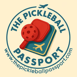 Travel-themed pickleball logo featuring a red paddle and perforated ball resting on a passport with an airplane icon inside a teal circular stamp.