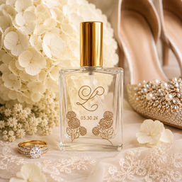 Bridal flat-lay: clear perfume bottle with gold cap engraved with a script initial and date 05.30.26, surrounded by ivory hydrangea blooms, lace, a diamond engagement ring and pearl-embellished gold heels — wedding morning accessories.