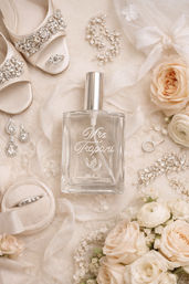 Bridal flat lay in soft blush tones featuring a personalized clear perfume bottle, jeweled satin wedding shoes, sparkly earrings and hairpieces, a ring in a velvet box, and cream-pink roses on tulle.