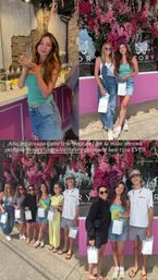 Collage: woman inside a pink-accented fragrance studio holding a handmade perfume bottle, and group photos of friends outside a pink storefront with hanging pink flowers, each holding white goody bags after a DIY perfume workshop.