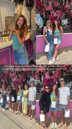 Collage: woman inside a pink-accented fragrance studio holding a handmade perfume bottle, and group photos of friends outside a pink storefront with hanging pink flowers, each holding white goody bags after a DIY perfume workshop.