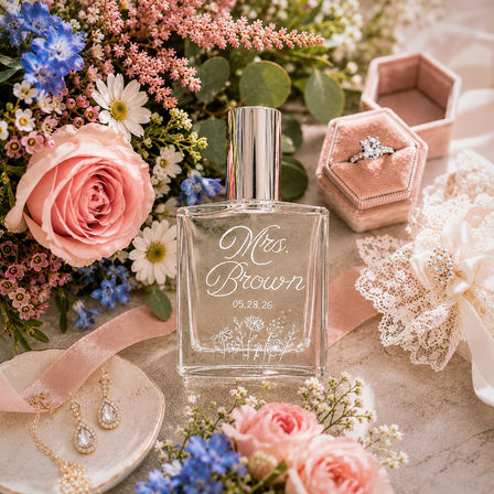Romantic bridal flat lay featuring a custom engraved perfume bottle, pastel pink roses and mixed spring bouquet, velvet hex ring box with solitaire engagement ring, lace garter and crystal drop earrings.