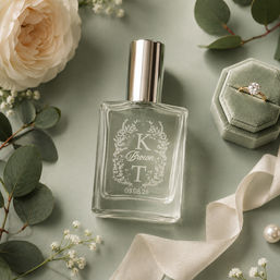 Bridal flatlay featuring a monogrammed glass perfume bottle on a sage background with a cream rose, eucalyptus sprigs, baby's breath, silk ribbon and a velvet ring box holding a solitaire engagement ring