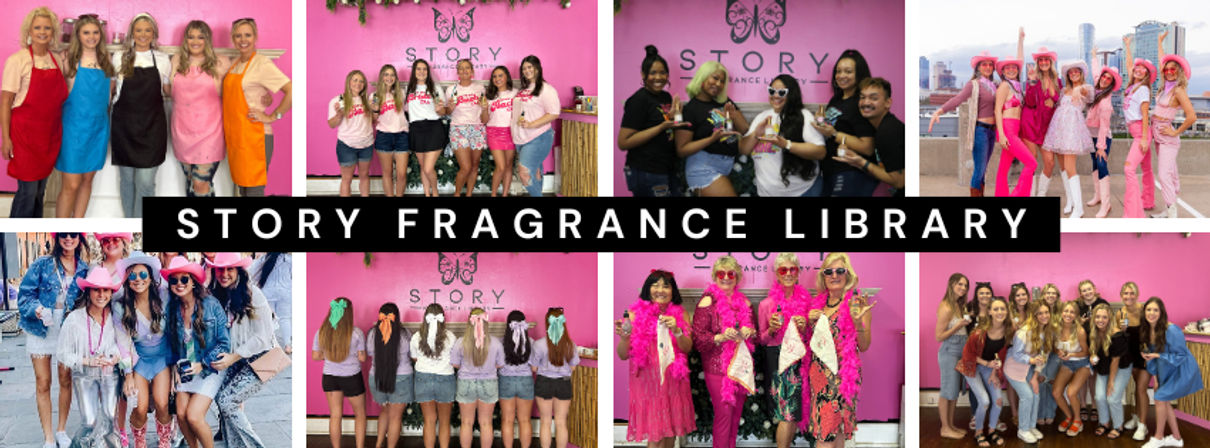 Collage of smiling women at a bright pink boutique fragrance workshop and urban rooftop, wearing colorful aprons, denim and pink outfits, cowboy hats, and holding perfume bottles — playful, celebratory group shots.