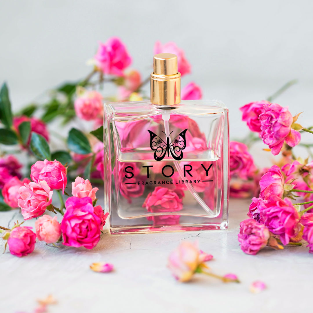 Clear glass perfume bottle with gold sprayer on a light surface, surrounded by vibrant pink rose blossoms — floral fragrance concept, romantic rose scent.