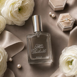 Bridal flatlay featuring a personalized glass perfume bottle on taupe satin, surrounded by white ranunculus flowers, pearl studs, a velvet ring box with a solitaire engagement ring, and a silky ribbon.