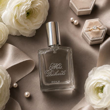 Bridal flatlay featuring a personalized glass perfume bottle on taupe satin, surrounded by white ranunculus flowers, pearl studs, a velvet ring box with a solitaire engagement ring, and a silky ribbon.