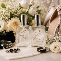 Elegant wedding flatlay featuring matching 'Mr.' and 'Mrs.' perfume bottles dated 05.23.26, surrounded by white roses and baby's breath, diamond engagement ring and band, groom's cufflinks and watch, black bow tie, and embellished bridal heels.