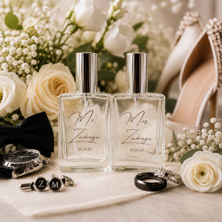 Elegant wedding flatlay featuring matching 'Mr.' and 'Mrs.' perfume bottles dated 05.23.26, surrounded by white roses and baby's breath, diamond engagement ring and band, groom's cufflinks and watch, black bow tie, and embellished bridal heels.
