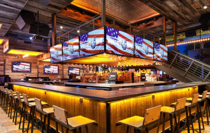Rustic wood sports bar interior with a large illuminated central bar, rows of stools, mezzanine staircase, and multiple TVs showing American flag graphics.