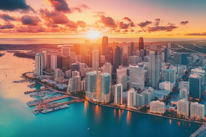 Aerial view of Miami skyline at sunset, waterfront high-rise buildings and marinas reflecting golden light on turquoise Biscayne Bay