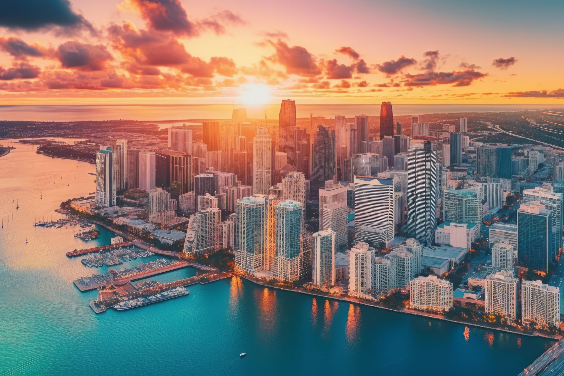 Aerial view of Miami skyline at sunset, waterfront high-rise buildings and marinas reflecting golden light on turquoise Biscayne Bay