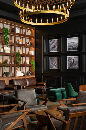 Cozy upscale hotel lounge with brown leather sofas, wooden shelving with plants and decor, emerald velvet chairs and curved ottomans, mid-century wooden armchairs, black-framed photography wall, and a large double-ring gold chandelier.