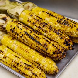 Smoky grilled corn on the cob with charred golden kernels on a metal tray, classic summer BBQ side