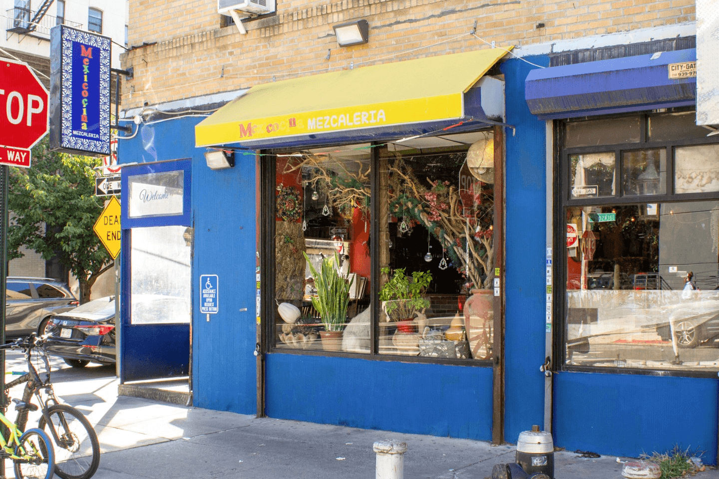 Bright blue city storefront with a yellow awning, large display windows filled with plants and decorative branches, sidewalk with parked bikes, cars, and a stop sign.