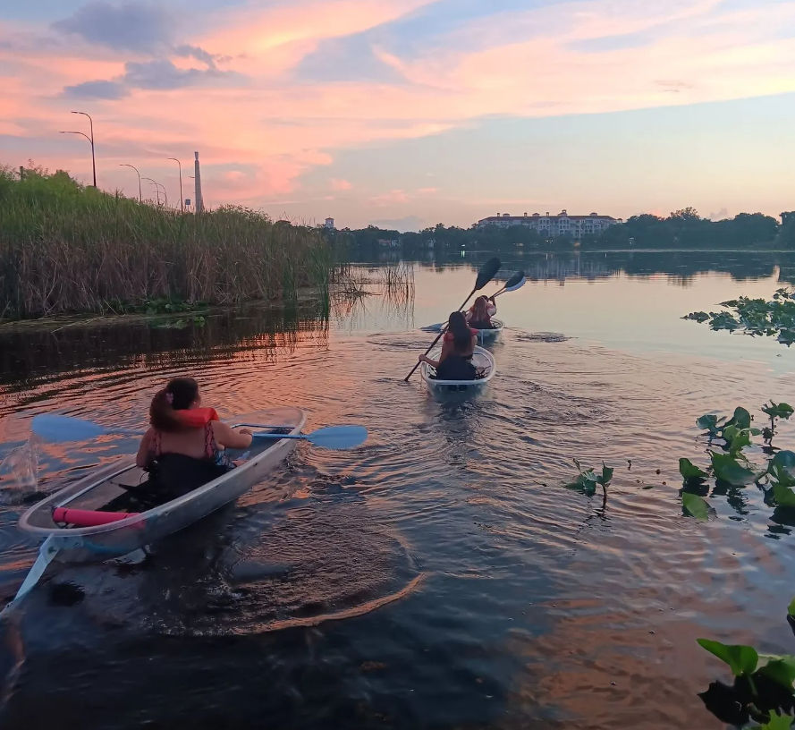 Three kayakers glide across a calm urban lake at a pink-sky sunset, paddling past reeds toward distant waterfront buildings.