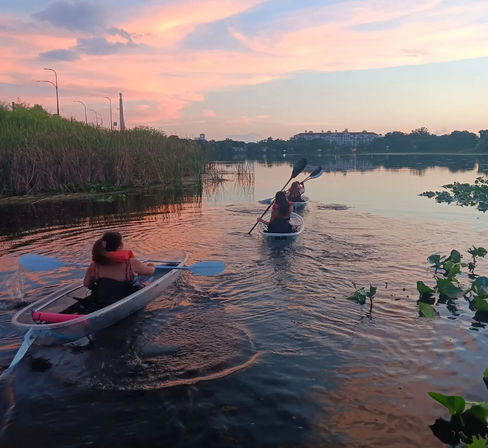 Three kayakers glide across a calm urban lake at a pink-sky sunset, paddling past reeds toward distant waterfront buildings.