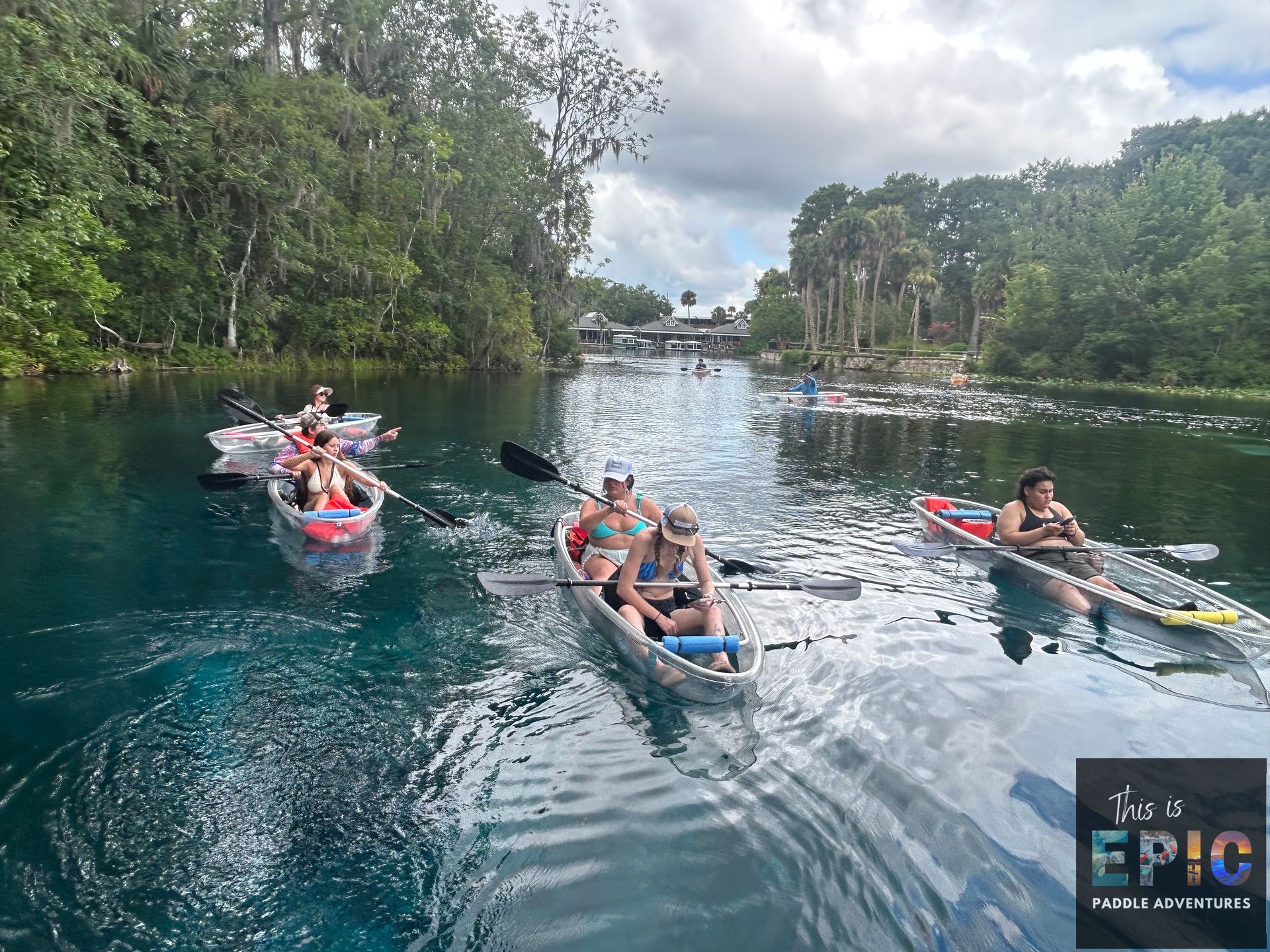 Group paddling clear kayaks on a crystal-clear spring-fed river with deep blue water, lush riverside trees and palm trees under a cloudy sky