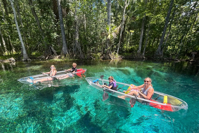 Four people paddling transparent kayaks on crystal-clear turquoise spring water with a visible riverbed and cypress-lined forested shoreline on a sunny day.