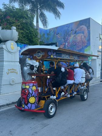 Colorful pedal-powered party bike with people pedaling past a palm tree and vibrant flamingo street mural on an urban sidewalk