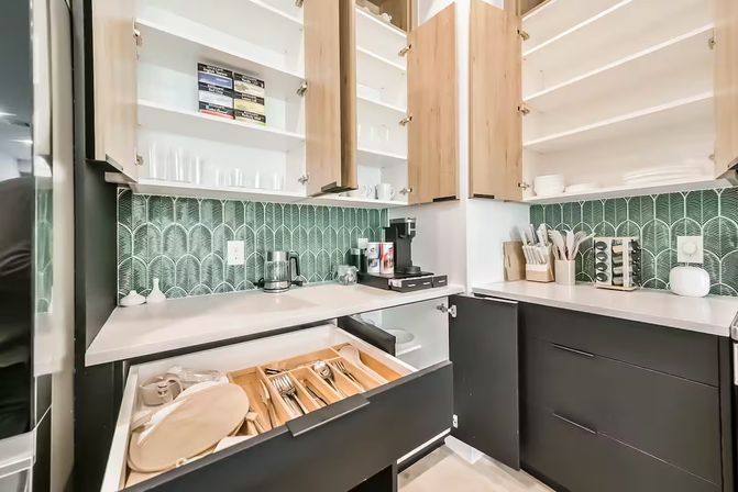 Modern kitchen corner with open light-wood upper cabinets and dark lower drawers, green fan-pattern tile backsplash, white countertop with coffee maker, utensil holders and spice rack, and an open drawer showing a wooden cutlery organizer and plates.