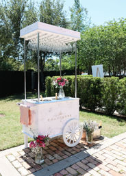 Whimsical sunlit garden champagne cart on a brick path with hanging flutes, ice buckets and bright floral bouquets