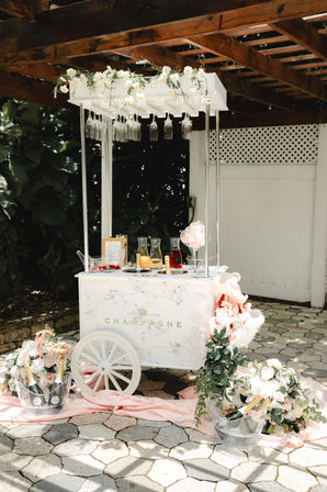Chic outdoor white champagne cart on a sunlit garden patio, decorated with hanging wine glasses, cream-and-pink floral garlands, ice buckets of champagne bottles and soft pink draping for a wedding or event.