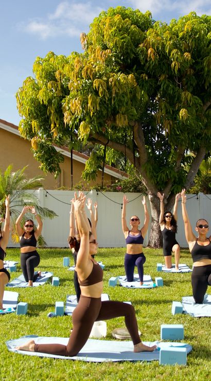 Sunny outdoor yoga class in a suburban backyard under a large leafy tree — participants on blue mats with yoga blocks practicing high lunges with arms raised on a green lawn.