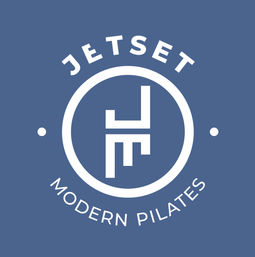Minimalist white circular logo on muted blue background with a geometric monogram and curved text reading “Modern Pilates” — modern pilates studio emblem