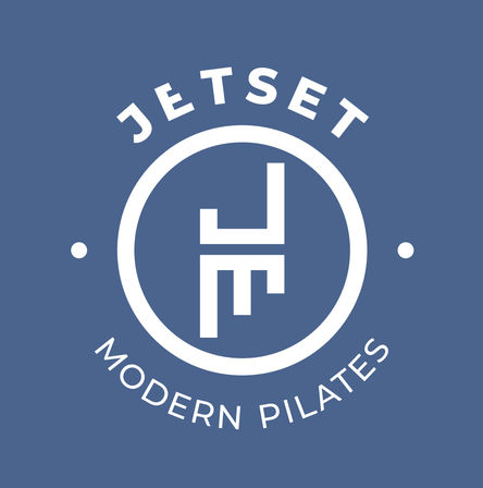 Minimalist white circular logo on muted blue background with a geometric monogram and curved text reading “Modern Pilates” — modern pilates studio emblem