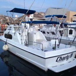 White fishing motorboat with blue bimini tops docked in a coastal marina at dusk, fishing rods, railings and fenders visible