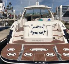Sunlit motor yacht docked at a San Diego marina, showing a teak swim platform, aft cockpit seating and bimini-covered helm.